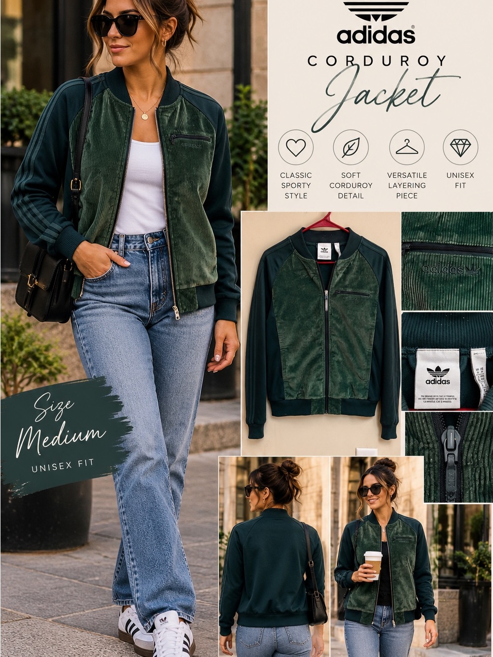 Adidas Green Corduroy Track Jacket Three Stripe Women’s Medium